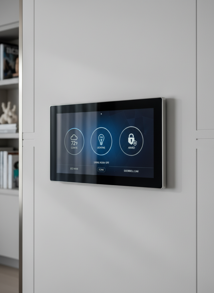 A sleek, wall-mounted smart home control panel with a high-resolution interface displaying climate, lighting, and security icons in a clean, minimalist layout. It is embedded in a smooth, matte white wall in a modern living room, surrounded by subtle architectural lines and a hint of a built-in bookshelf in soft focus. Cool, diffused daylight filters in from an unseen window, creating gentle reflections on the glass screen and soft shadows along the wall. Photographic realism, eye-level composition with a shallow depth of field keeps the interface in crisp focus while the background softly blurs, conveying a professional, high-tech yet welcoming atmosphere suitable for a premium home automation brand.